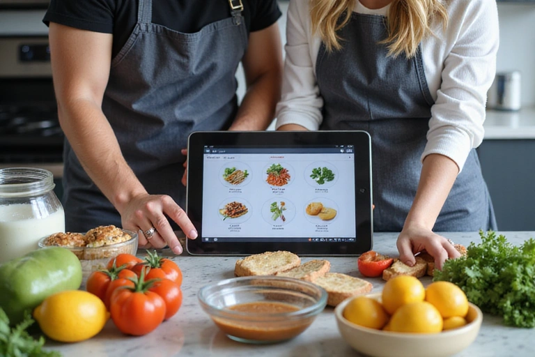 Dva lidé plánují jídlo na tabletu