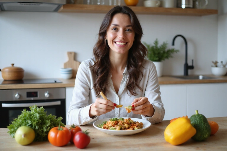 Šťastná žena si užívá zdravé jídlo